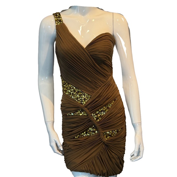 Terani Couture One-Shoulder Mini Dress 4 Nude Beaded Ruched Formal Gold Glam - Picture 1 of 7